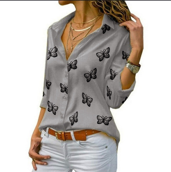 Multi-color Butterfly Print Loose Lapel Blouse