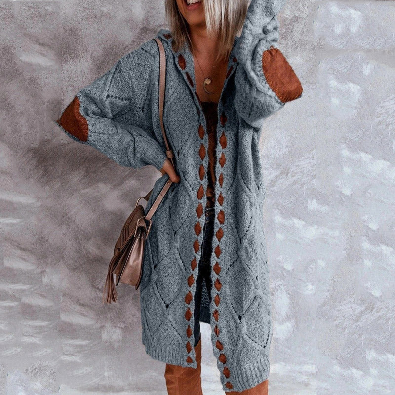 Women's Long Winter Knit Sweater Cardigan With Patch Sleeves