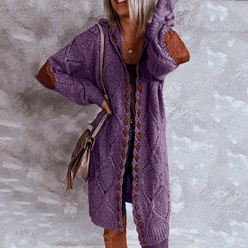 Women's Long Winter Knit Sweater Cardigan With Patch Sleeves