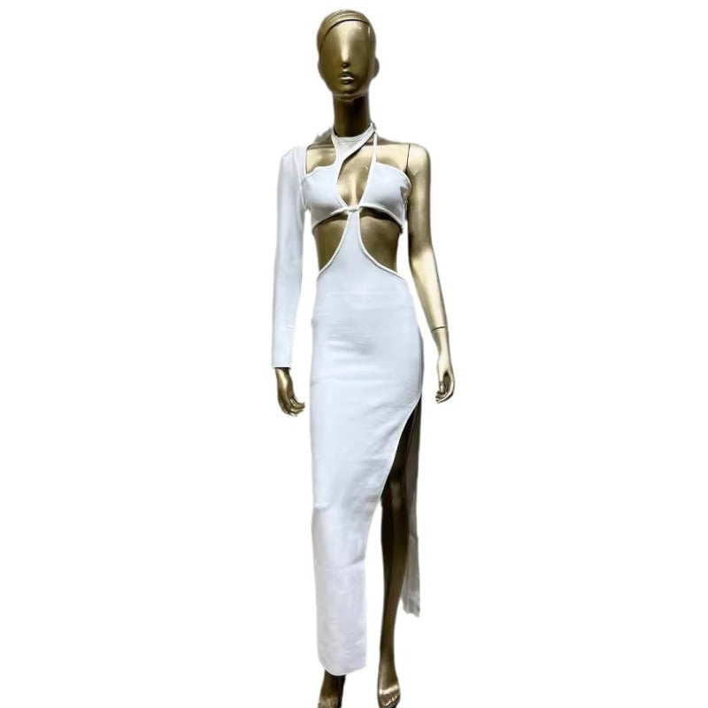 Women’s Fashion White Single Sleeve Halter Long Bondage Party Nightclub Dress