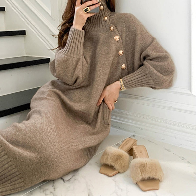 French Style Long Sleeve Below Knee Knit Sweater Dress