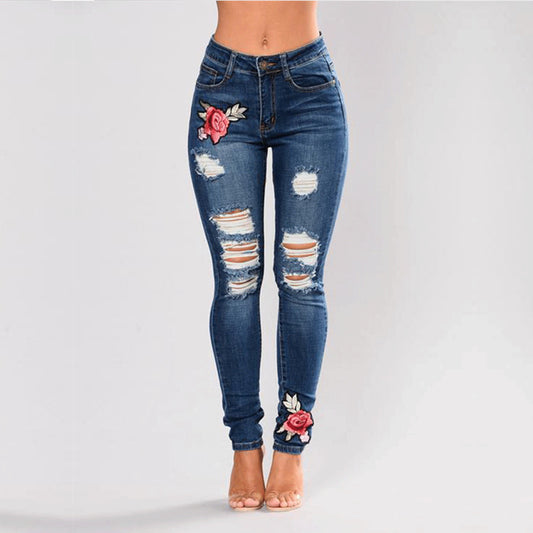 Women's High Waist Stretch Dark Blue Distressed Denim Jeans