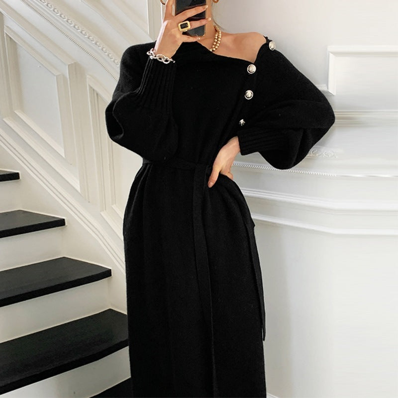 French Style Long Sleeve Below Knee Knit Sweater Dress