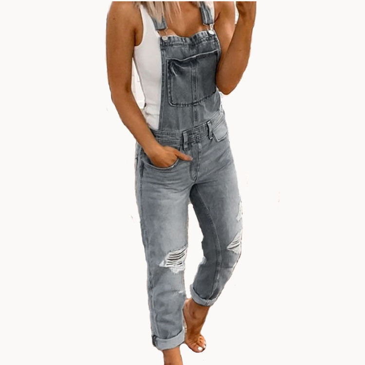 Women’s Ripped Distressed Washed Overalls