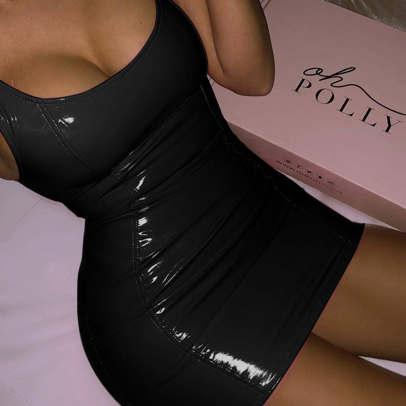 Women’s Faux Leather Sexy Bondage  Mini Party Nightclub Dress