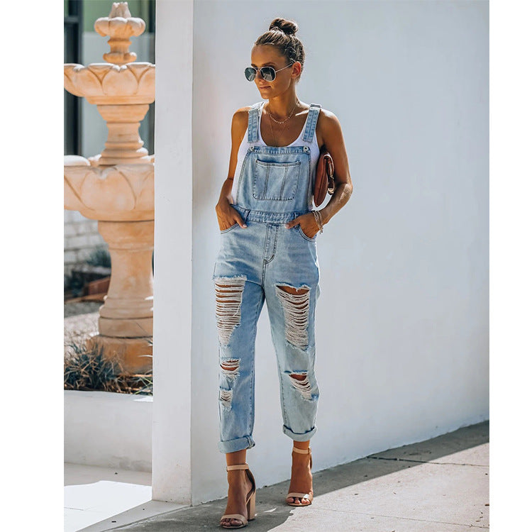 Women’s Distressed Casual Cotton Denim Jumpsuit