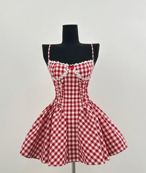 Woman’s Dopamine-red Plaid Love Poetry Hottie Sweet Girl Halter Dress