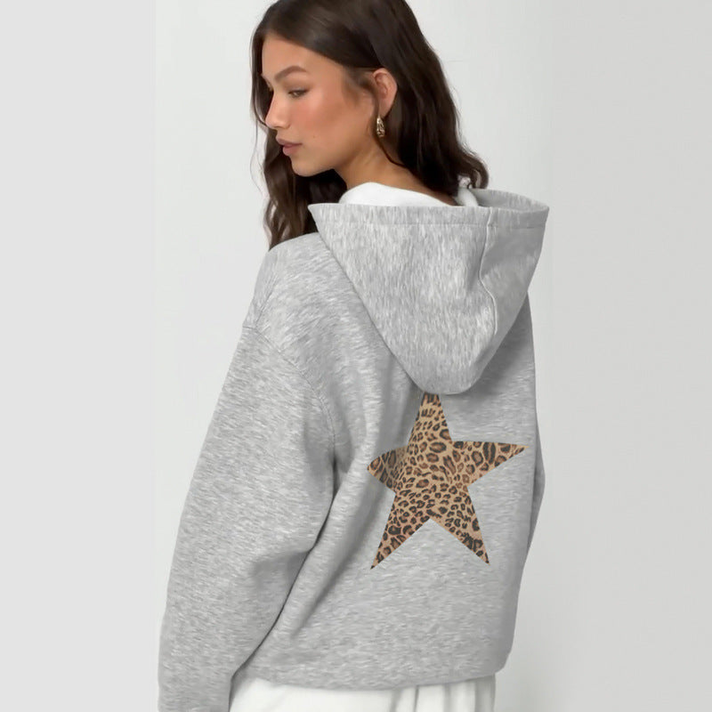 Grey Leopard Five Pointed Star Loose Hooded Sweatshirt