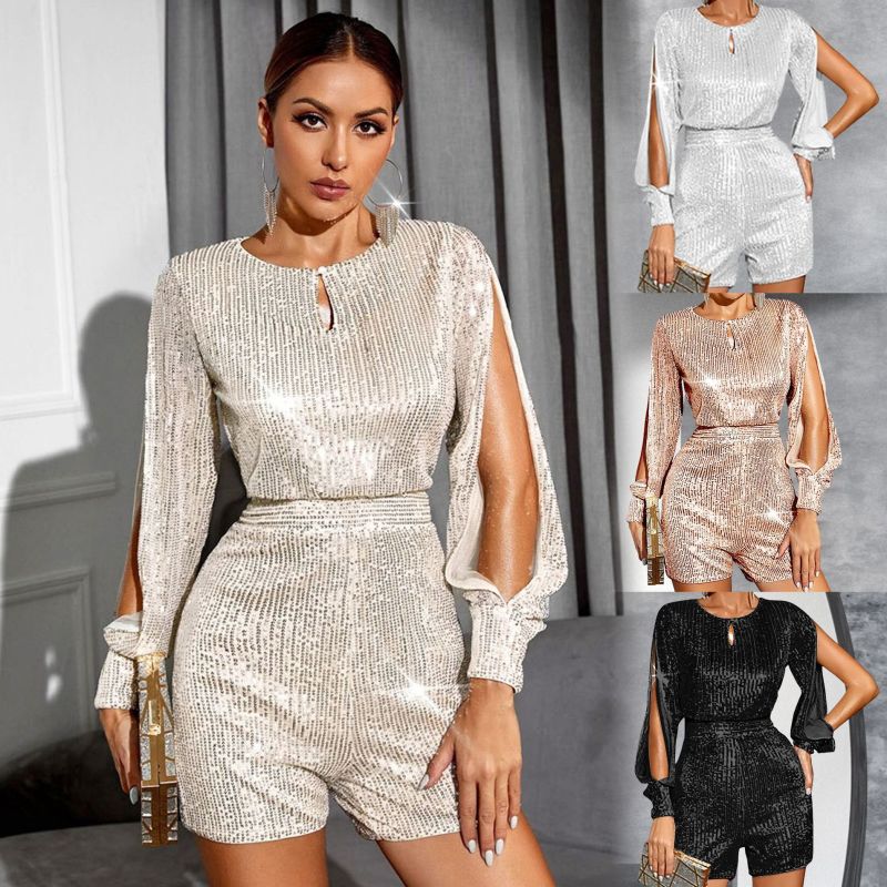 Women's Elegant Fashion Long-sleeve Split Sequin Jumpsuit Romper