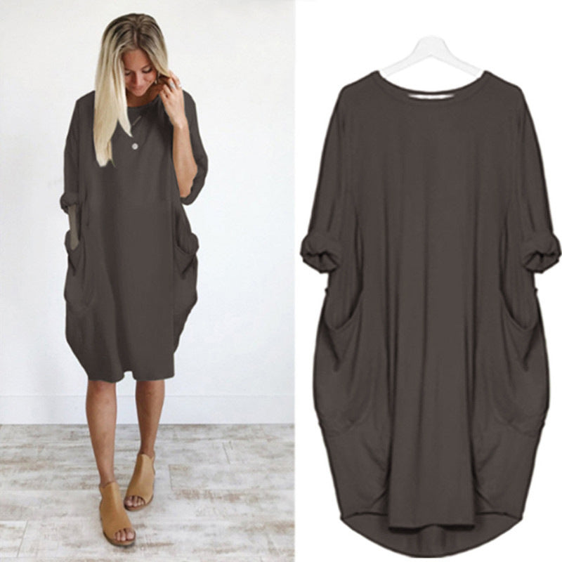 Women's Casual Loose Fitting Long Sleeve Pocket Dress