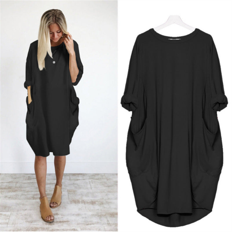 Women's Casual Loose Fitting Long Sleeve Pocket Dress