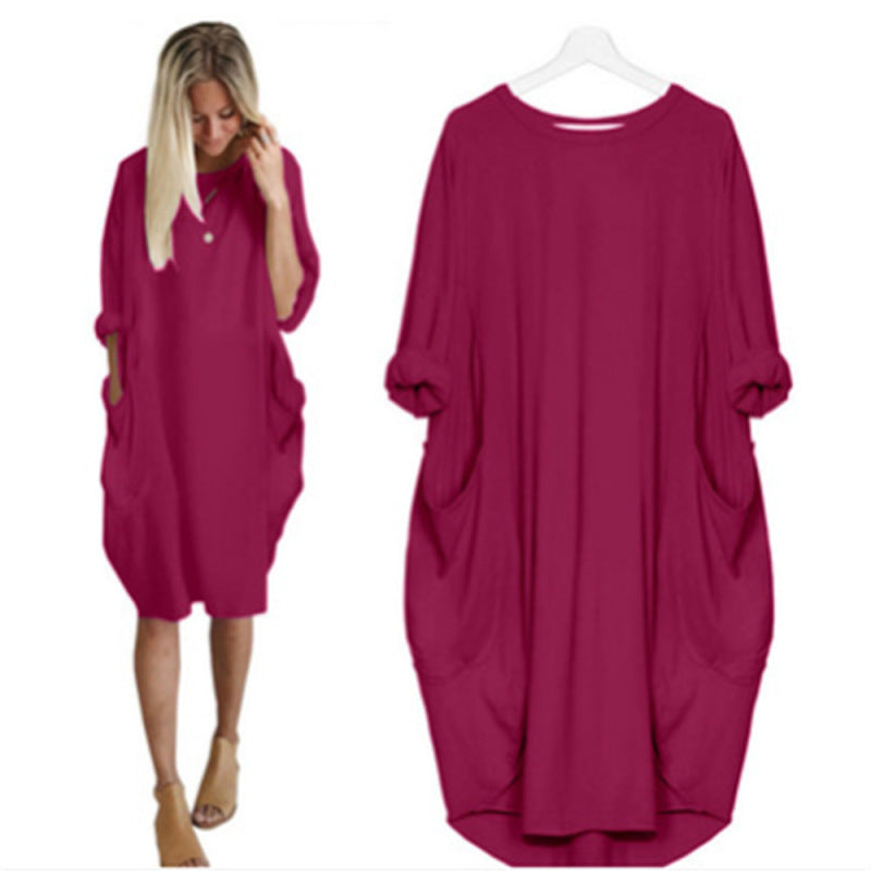 Women's Casual Loose Fitting Long Sleeve Pocket Dress