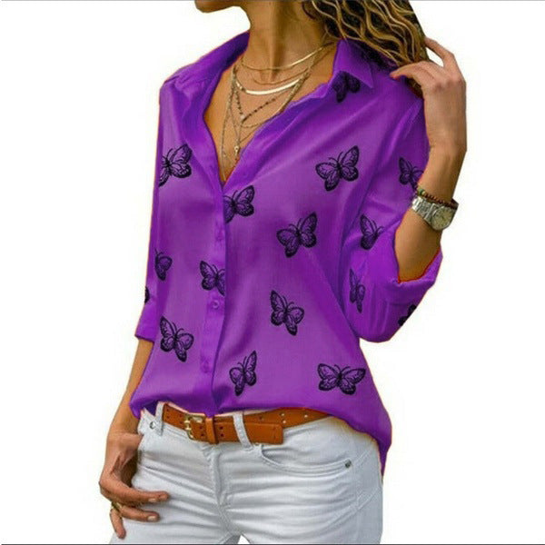 Multi-color Butterfly Print Loose Lapel Blouse