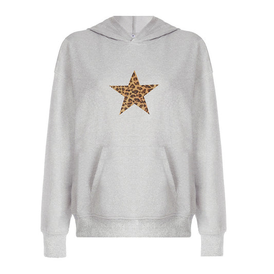 Grey Leopard Five Pointed Star Loose Hooded Sweatshirt