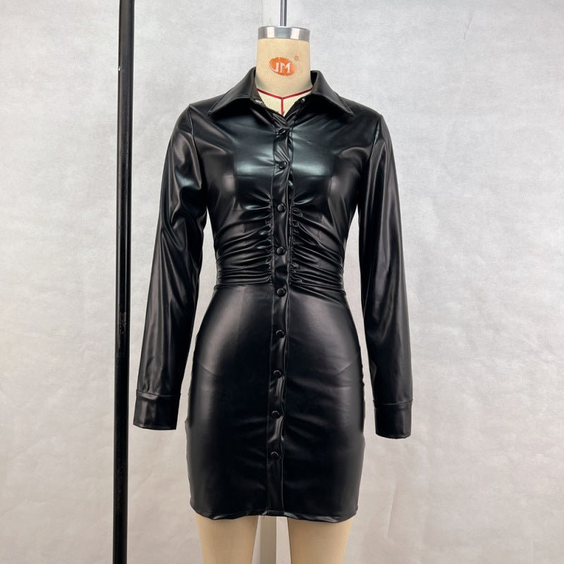 New Women's Sexy Pleated Soft Leather Long-sleeved Dress