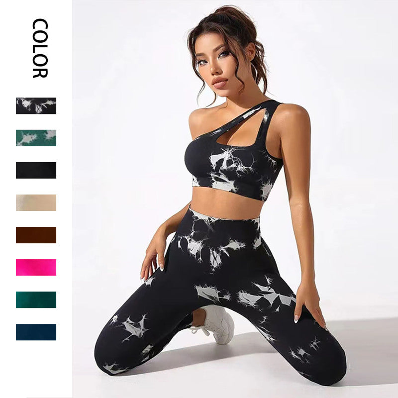 New Women’s Hollow Back Tie-dye Seamless Oblique Shoulder yoga Set