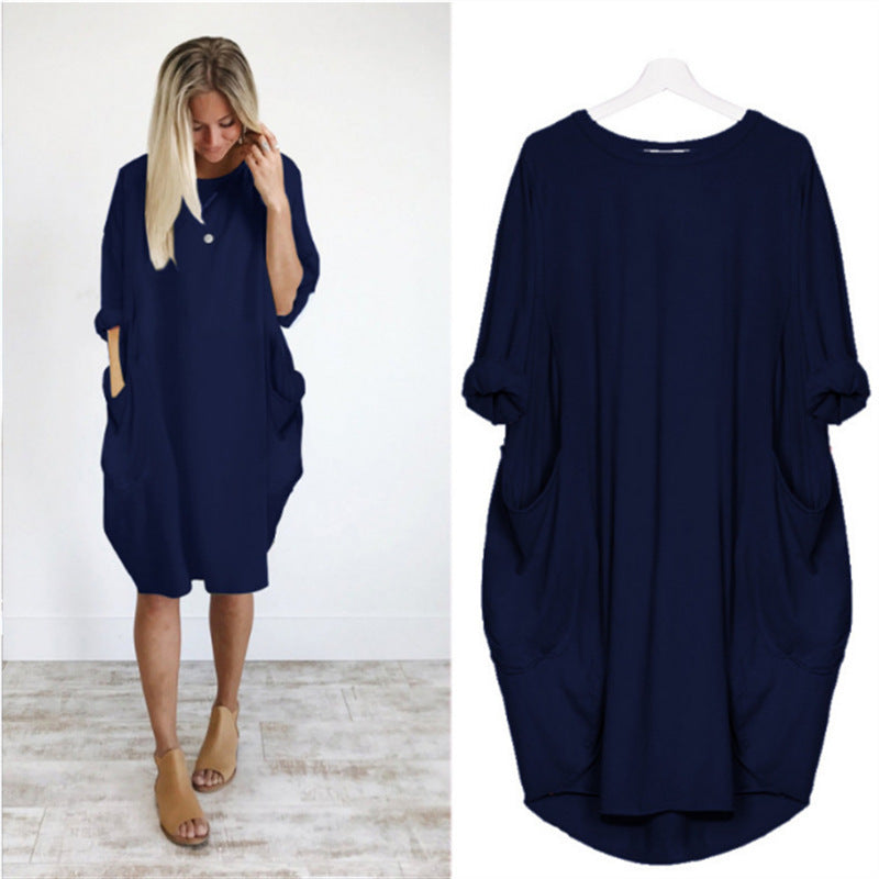 Women's Casual Loose Fitting Long Sleeve Pocket Dress