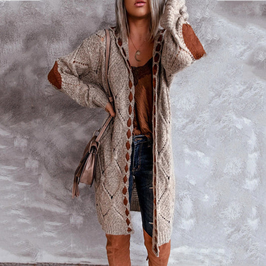 Women's Long Winter Knit Sweater Cardigan With Patch Sleeves