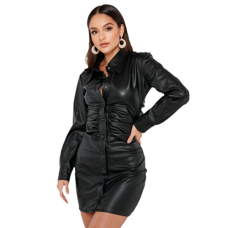 New Women's Sexy Pleated Soft Leather Long-sleeved Dress