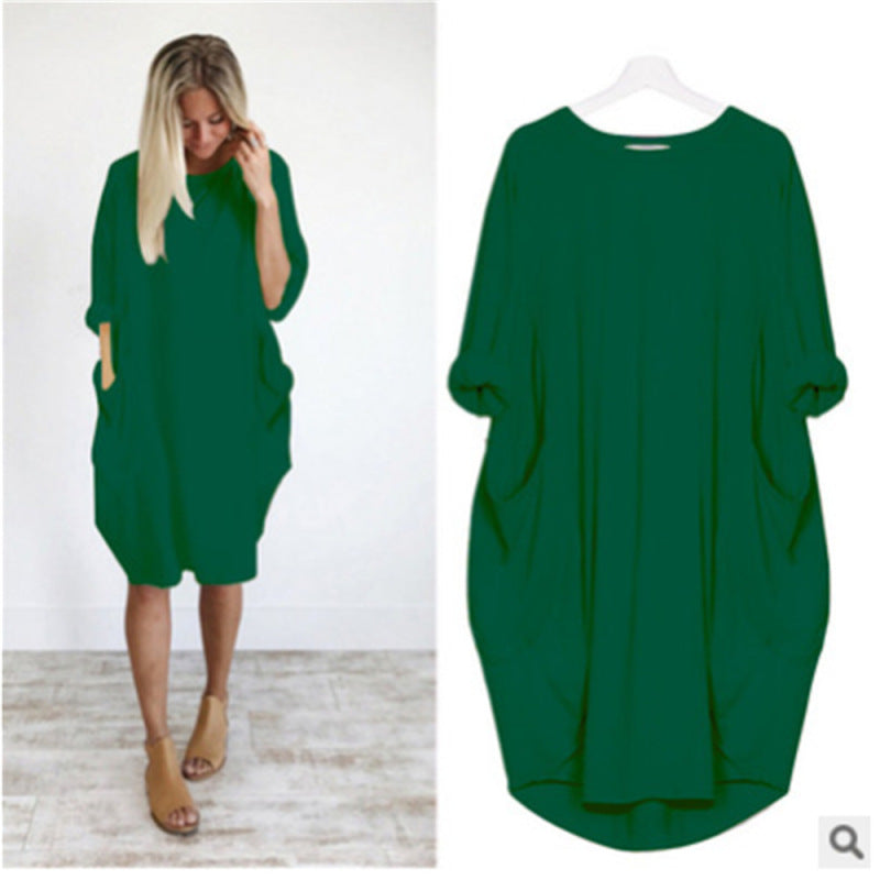 Women's Casual Loose Fitting Long Sleeve Pocket Dress