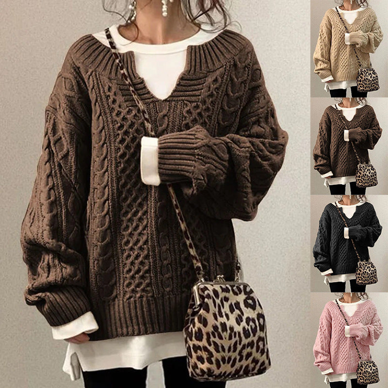 New Women's Linen Pattern Knitted Wide Neck Sweater