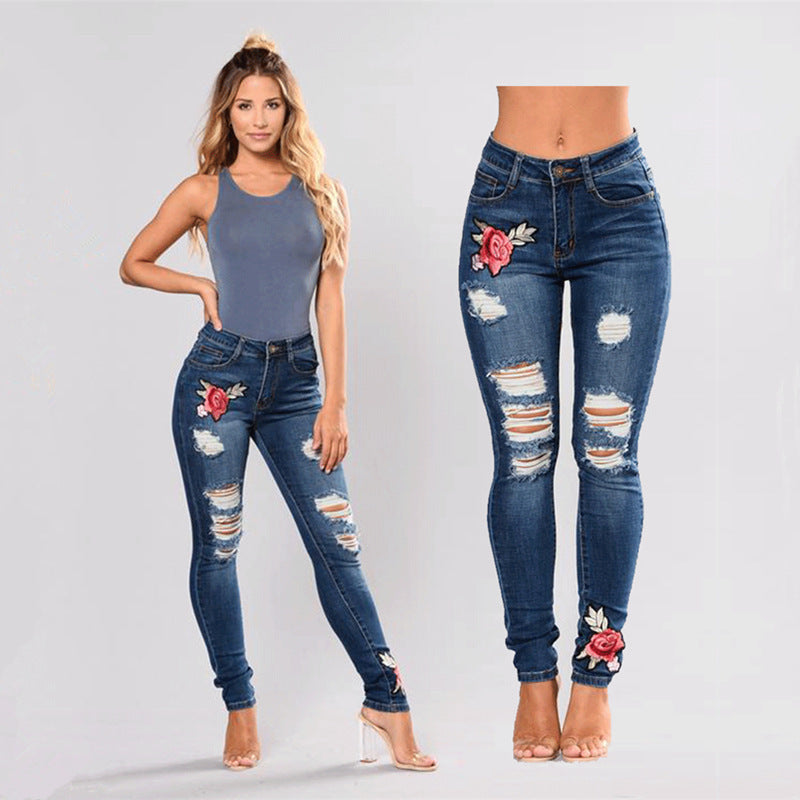 Women's High Waist Stretch Dark Blue Distressed Denim Jeans