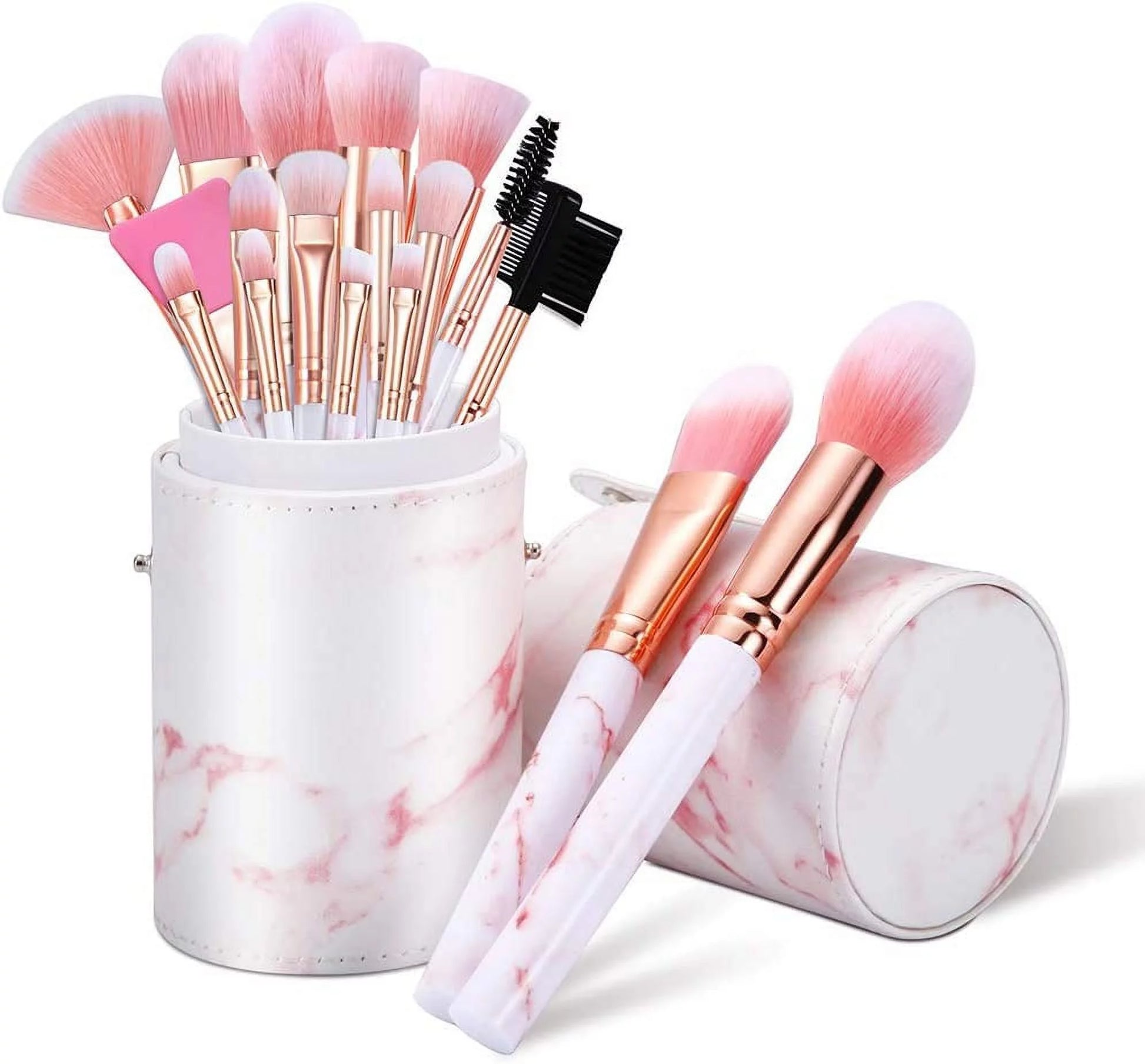 Makeup Brushes Sets 16PCS Pink Marble Make up Brushes Foundation Eyeshadow Concealer Eyebrow Blush Brush Set with Makeup Brush Holder and Silicone Mask Brush