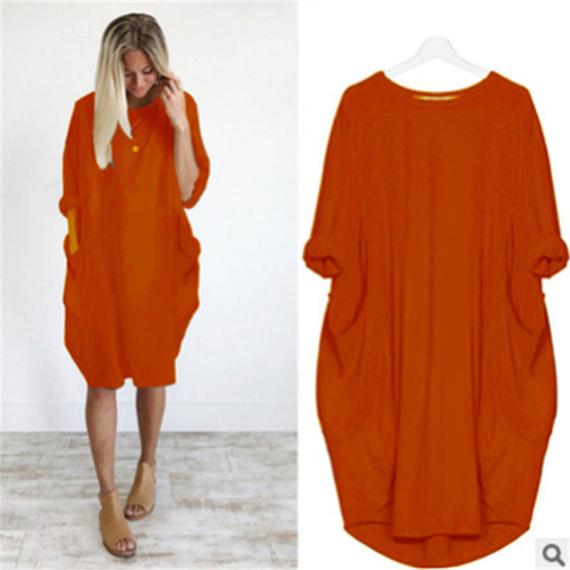 Women's Casual Loose Fitting Long Sleeve Pocket Dress