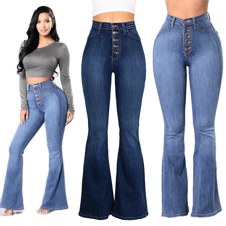 Women's Sexy Wide-leg Button up  High-waist-Stretch Denim Jeans