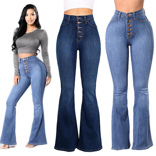 Women's Sexy Wide-leg Button up  High-waist-Stretch Denim Jeans