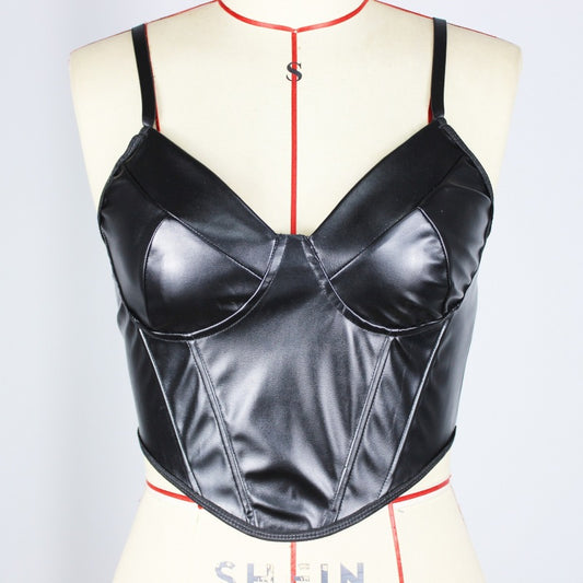 Women’s Sexy Faux Leather Spaghetti Strap Halter Top