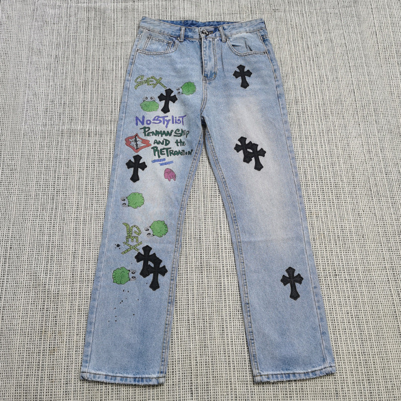 Women's Vintage High-Waisted Light Wash Denim Jeans with Cross Patchwork