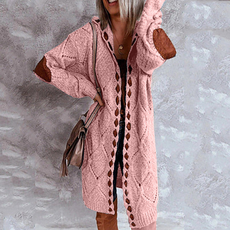 Women's Long Winter Knit Sweater Cardigan With Patch Sleeves