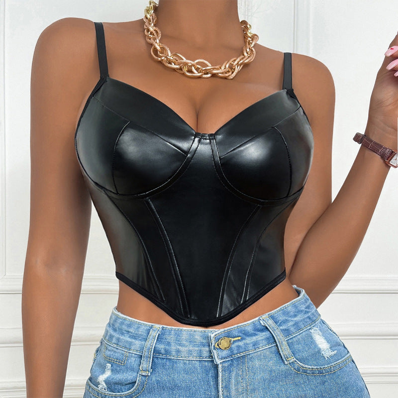 Women’s Sexy Faux Leather Spaghetti Strap Halter Top