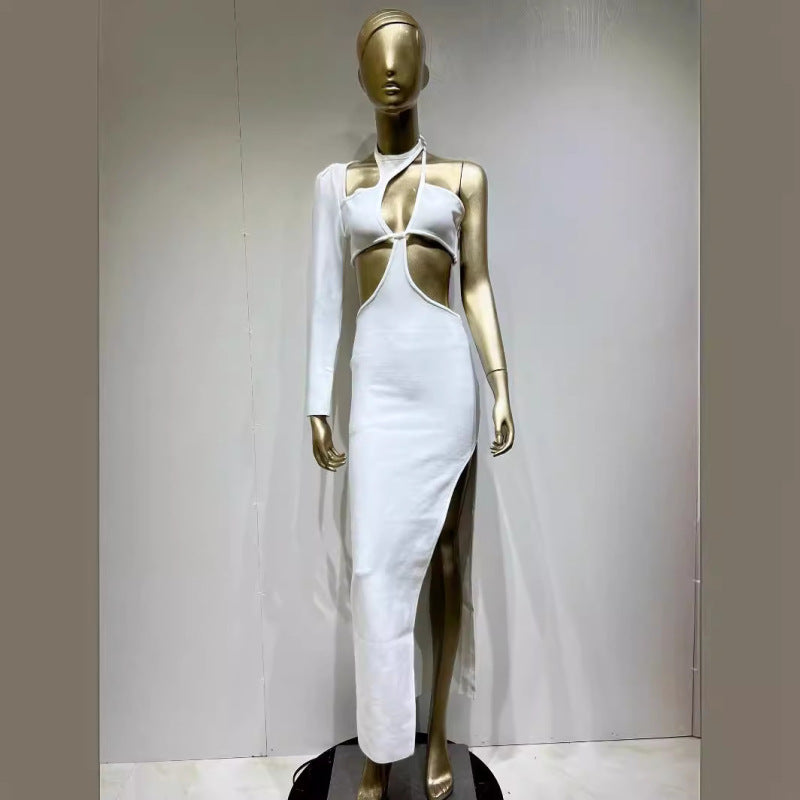 Women’s Fashion White Single Sleeve Halter Long Bondage Party Nightclub Dress