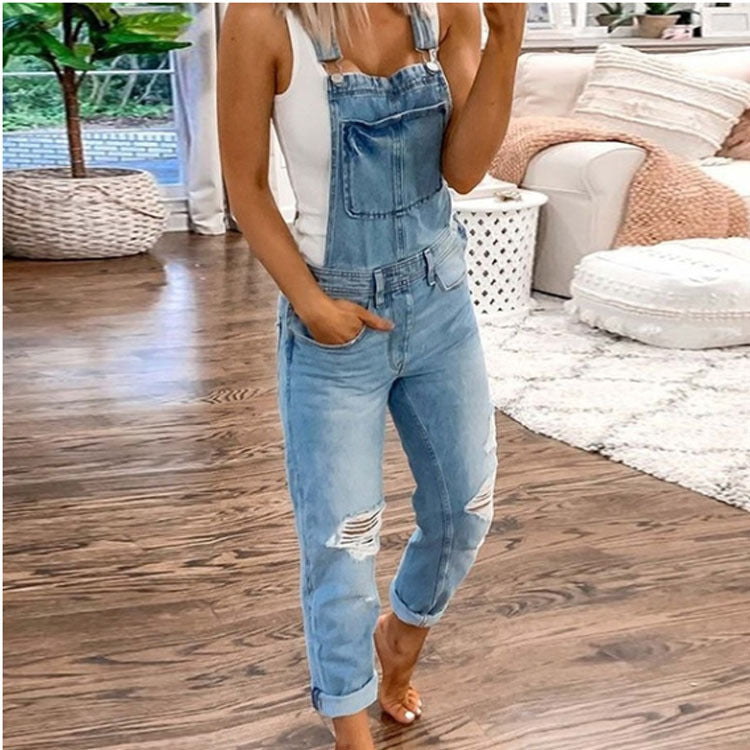 Women’s Ripped Distressed Washed Overalls