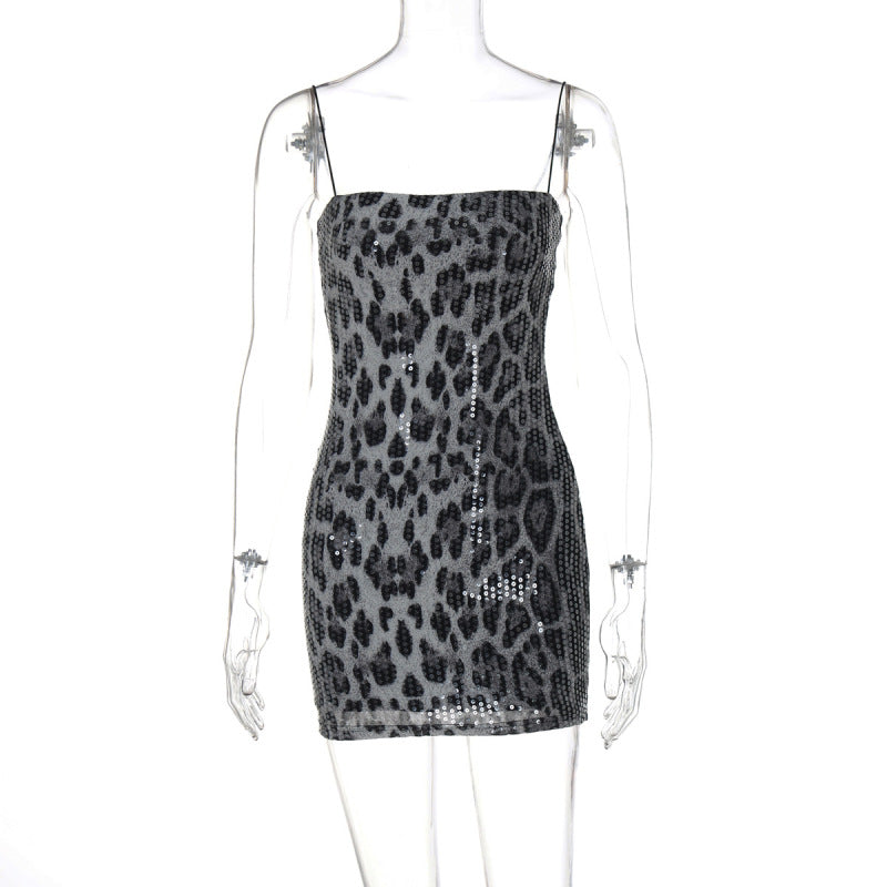 New Women's Fashion Leopard-print Spaghetti Strap Bead Nightclub Dress