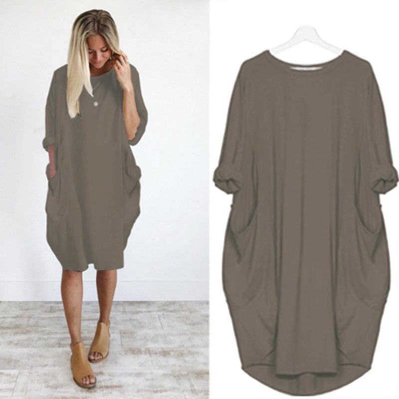 Women's Casual Loose Fitting Long Sleeve Pocket Dress