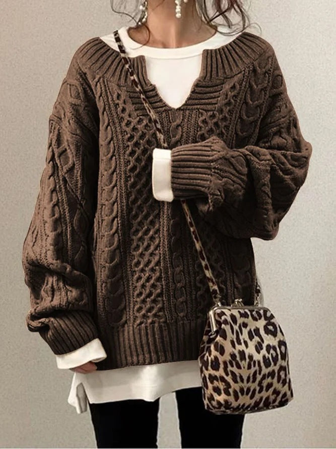 New Women's Linen Pattern Knitted Wide Neck Sweater