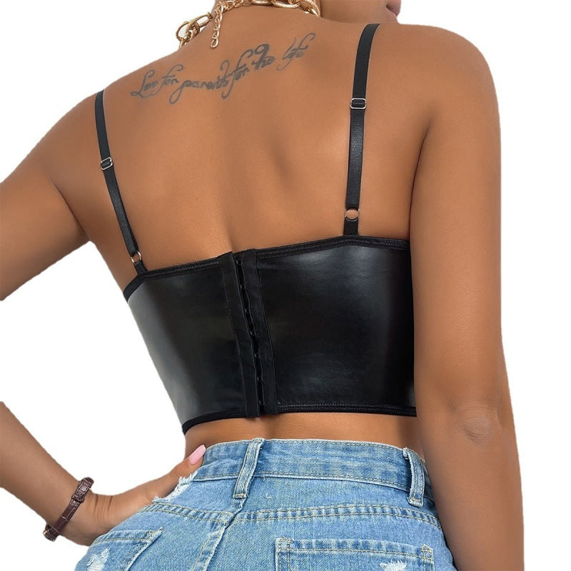 Women’s Sexy Faux Leather Spaghetti Strap Halter Top