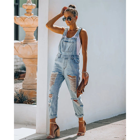 Women’s Distressed Casual Cotton Denim Jumpsuit