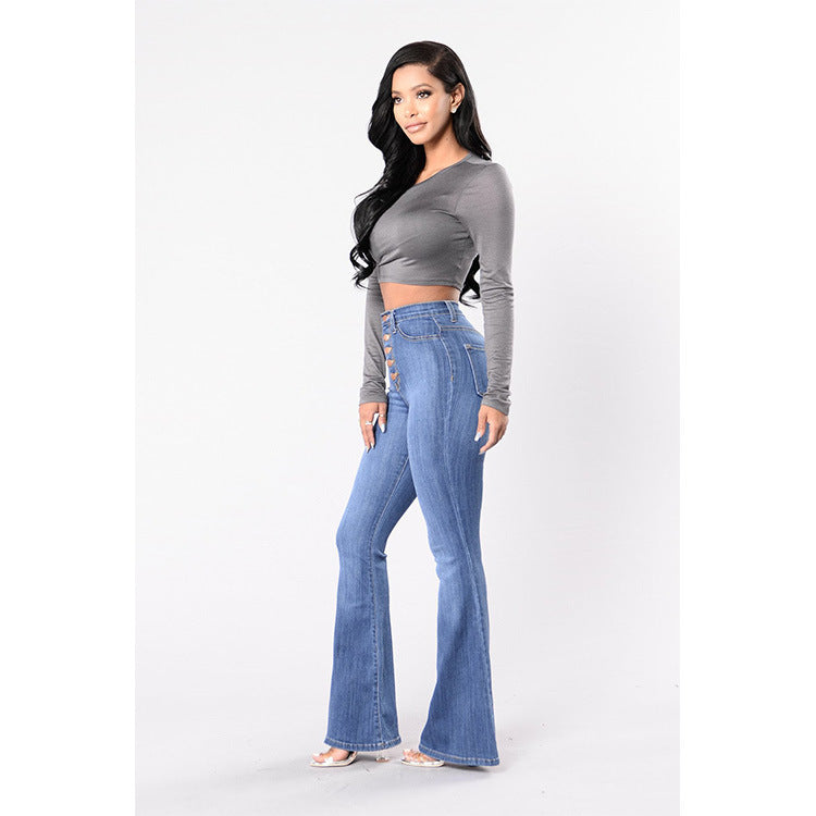 Women's Sexy Wide-leg Button up  High-waist-Stretch Denim Jeans