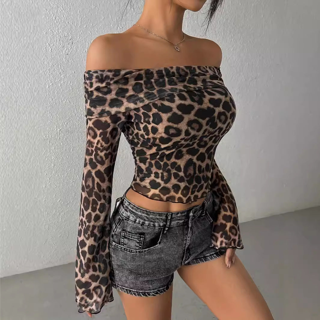 Off-shoulder Long Sleeve Leopard Print Top