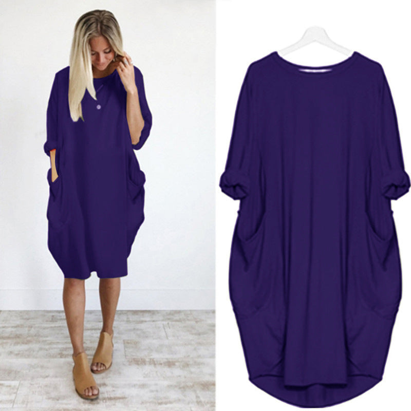 Women's Casual Loose Fitting Long Sleeve Pocket Dress