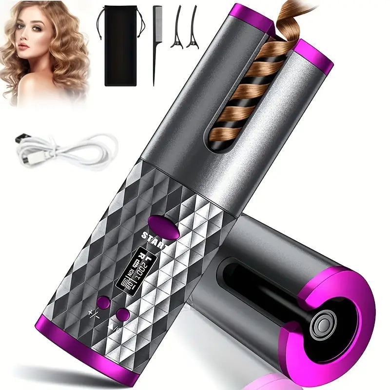 Portable Hair Curler, Auto Hair Curler, Automatic Ceramic Rotating Wireless Auto Curling Iron Wand, Portable USB Rechargeable Spinning Curling Iron Spin N Curl for Hair Styling