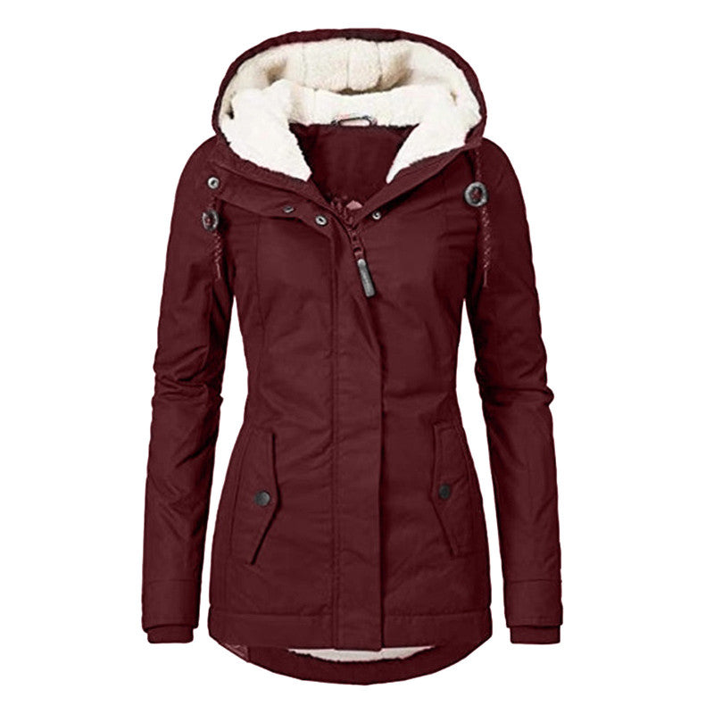 Women's long sleeve zipper pocket thick Hooded jacket