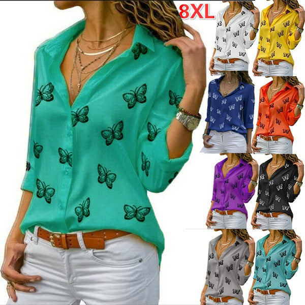 Multi-color Butterfly Print Loose Lapel Blouse