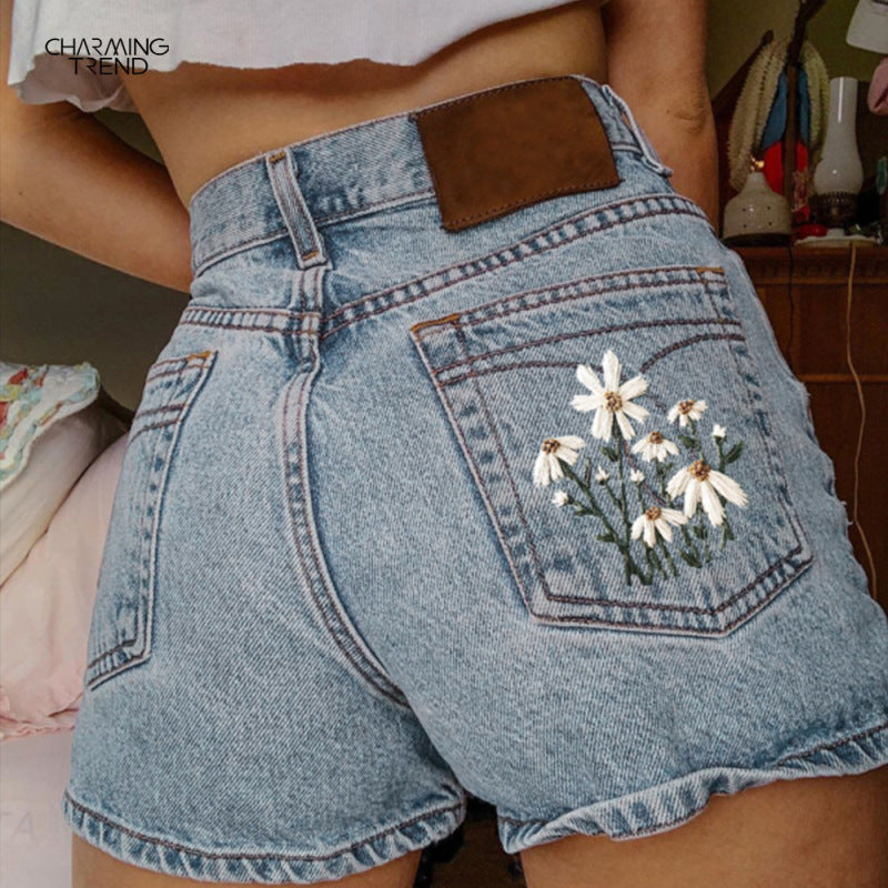 Women's Vintage Flower Print Denim shorts