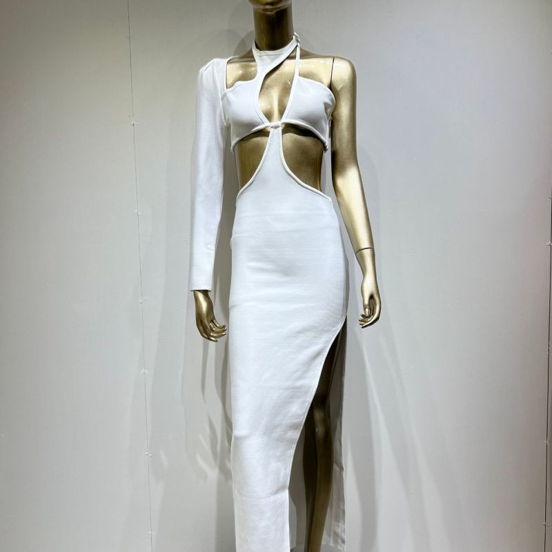 Women’s Fashion White Single Sleeve Halter Long Bondage Party Nightclub Dress