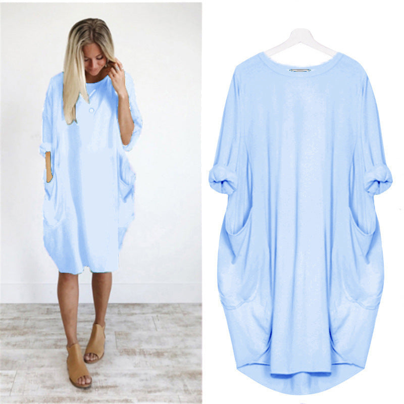 Women's Casual Loose Fitting Long Sleeve Pocket Dress